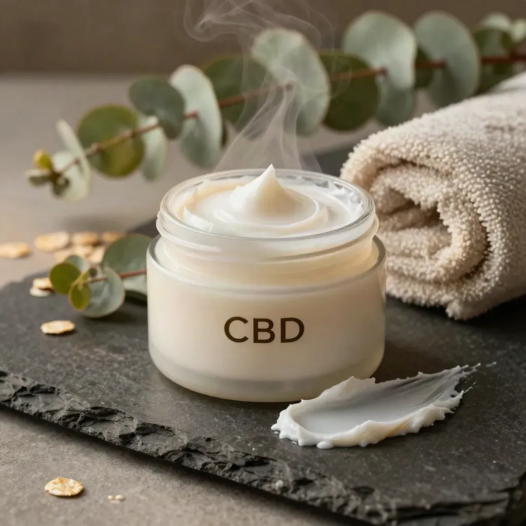 CBD muscle cream jar on slate with towel, eucalyptus, and a thick cream smear in cool spa haze.