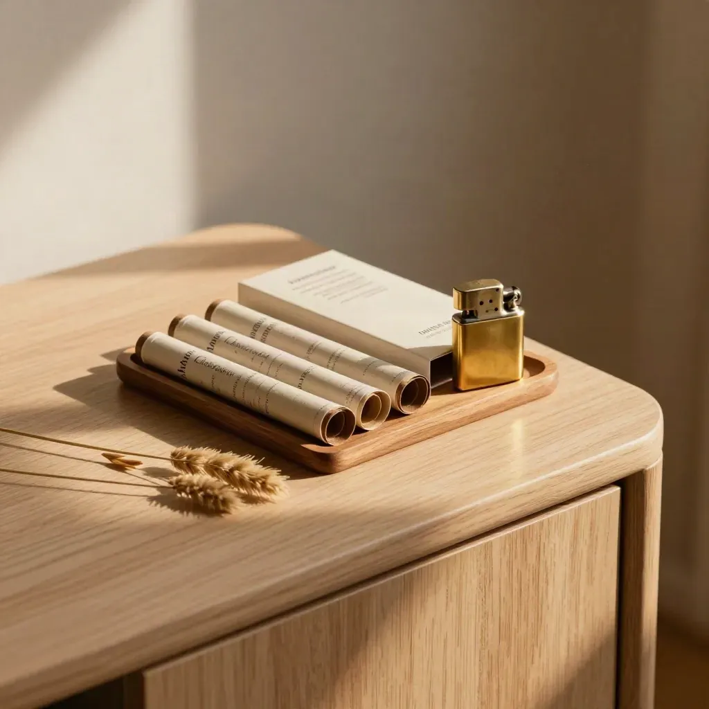 Mini pre-rolls pack, lighter, cedar tray, and dried grasses on pale wood in soft golden light.