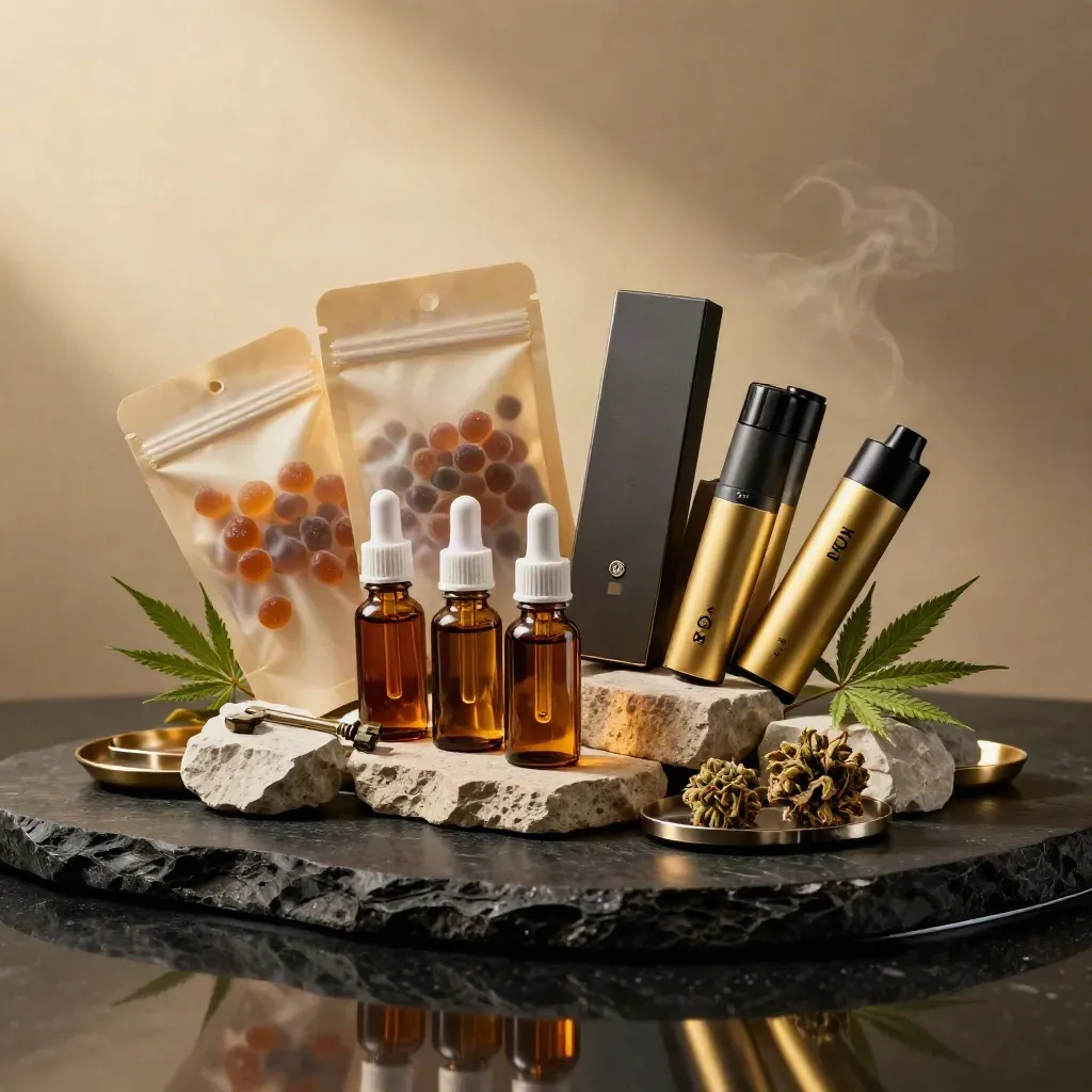 Sealed gummy pouches, tincture bottles and vape cartridges burst across stone with hemp leaves in dramatic light.