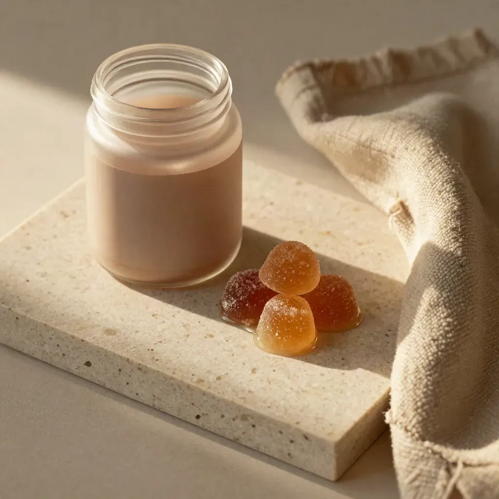 Top-down gummies jar on travertine with half-spilled chews and a folded wool cloth