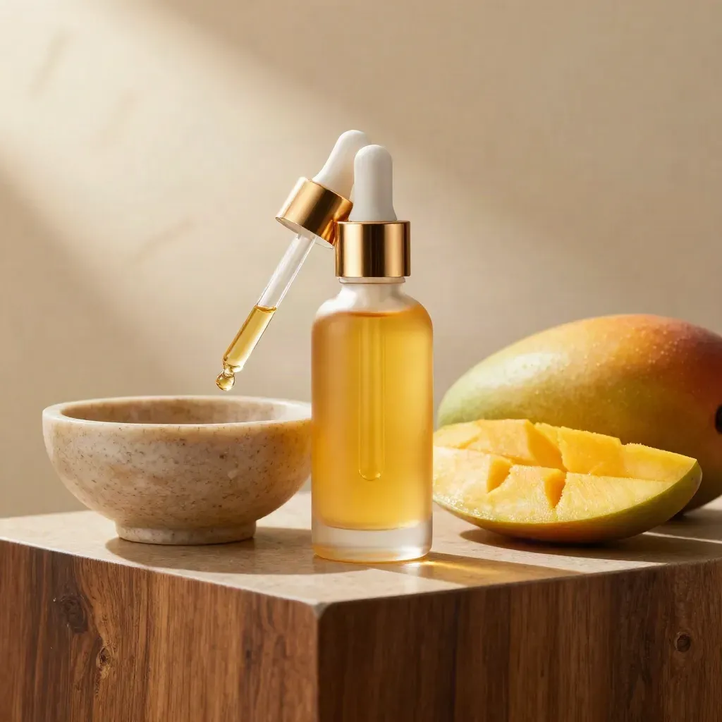 Mango THC tincture bottle with dropper, stone bowl, and mango slice on a warm walnut pedestal.