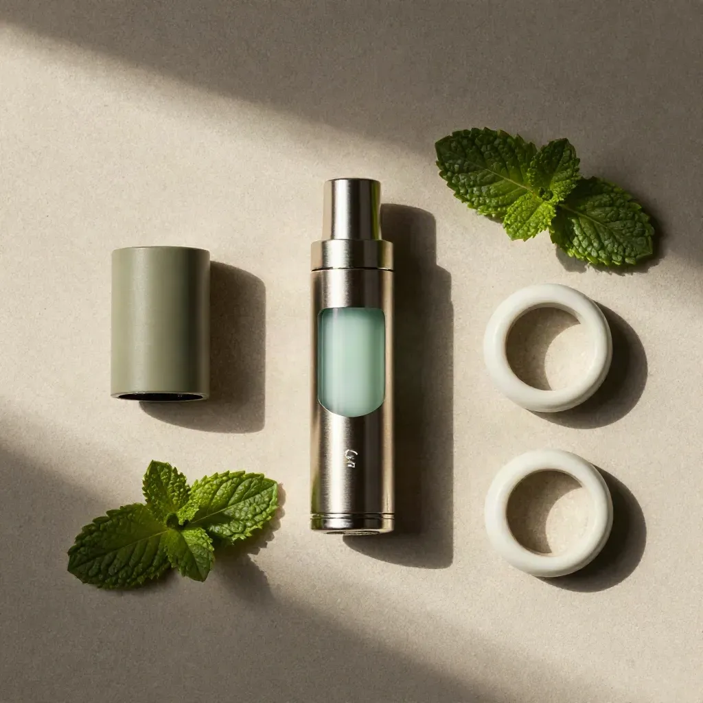 Overhead flatlay of a peppermint vape cart, cap, mint leaf, and ceramic ring on pale concrete