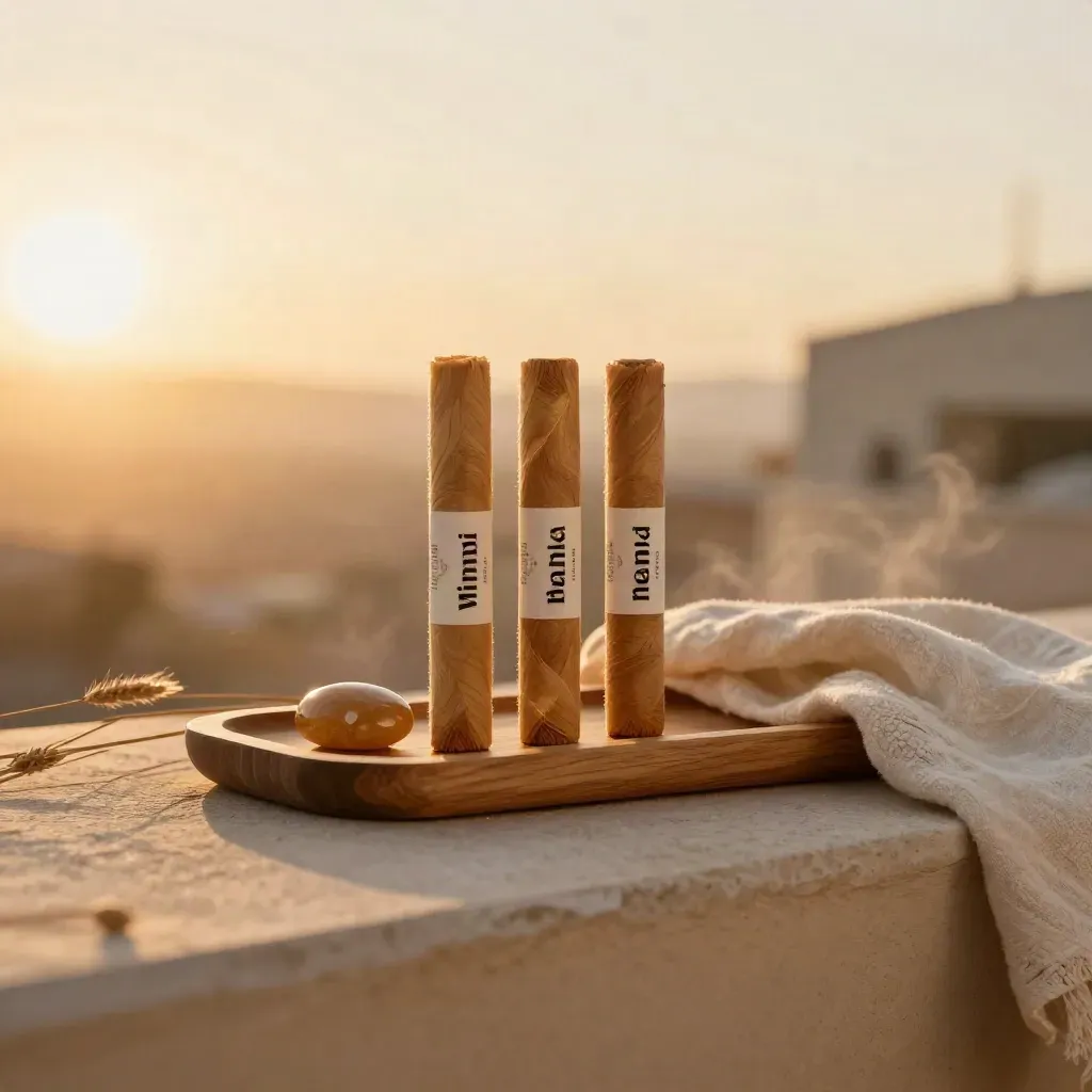 Mini pre-roll 3-pack in a cedar tray with dried grass and amber pebble on a cream ledge