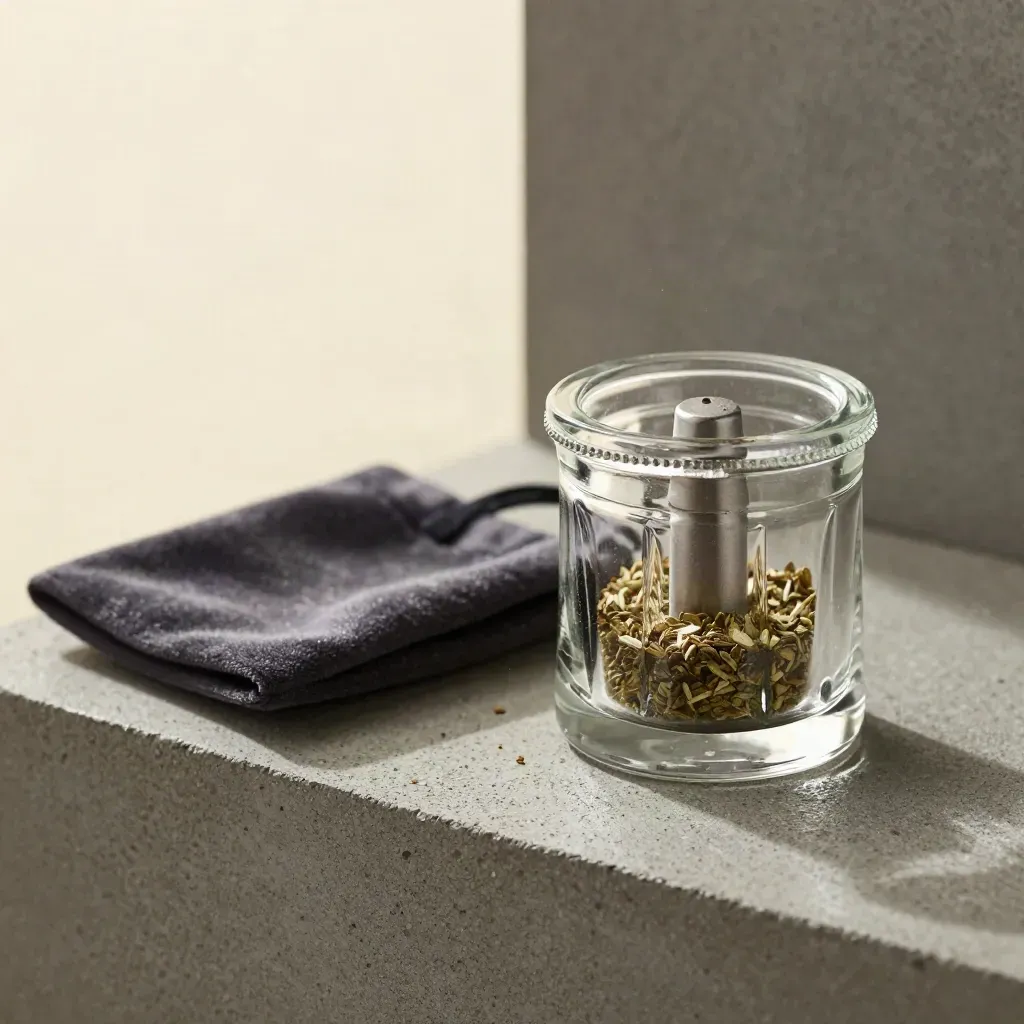 Clear glass four-piece grinder with herb fragments and velvet pouch on concrete.