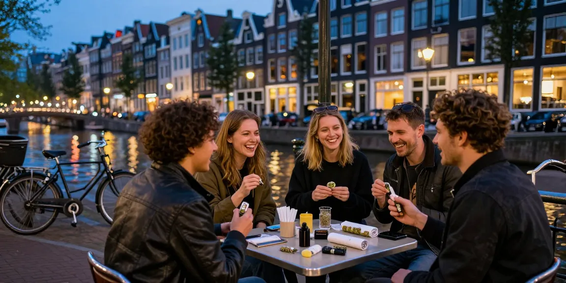 Easiest place to buy weed in Europe: Friends enjoying cannabis at an Amsterdam coffeeshop in a vibrant urban setting.